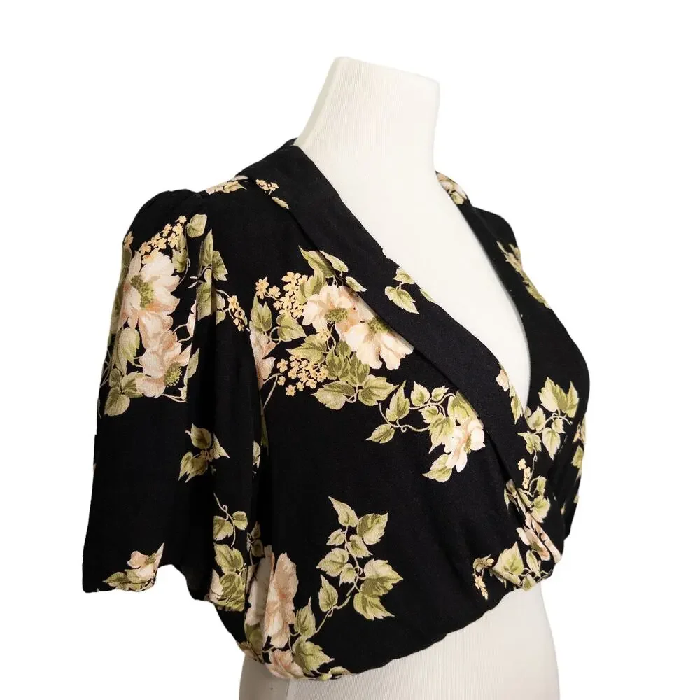 Reformation NEW Florian Short Sleeve Faux Wrap Crop Top Arielle Black Cream 12
